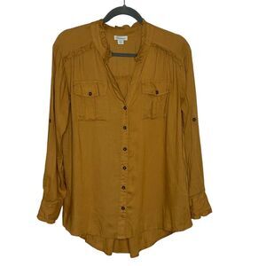 Sundance Button Up‎ Blouse Size S Mustard Yellow Ruffles Roll Tab Sleeve Boho